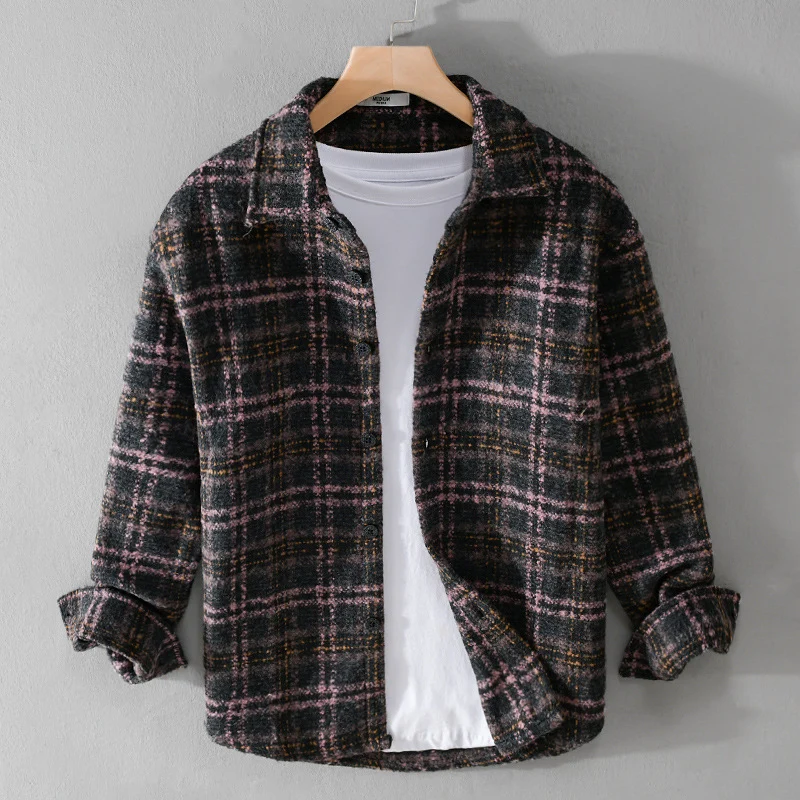 Herren Bouclé-Overshirt im Hemdjackenstil mit Kentkragen und Karomuster Nord Taschen