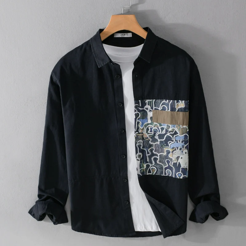 Herren Baumwollhemd mit großem Kunst-Print-Brustpatch und Kentkragen Nord Taschen