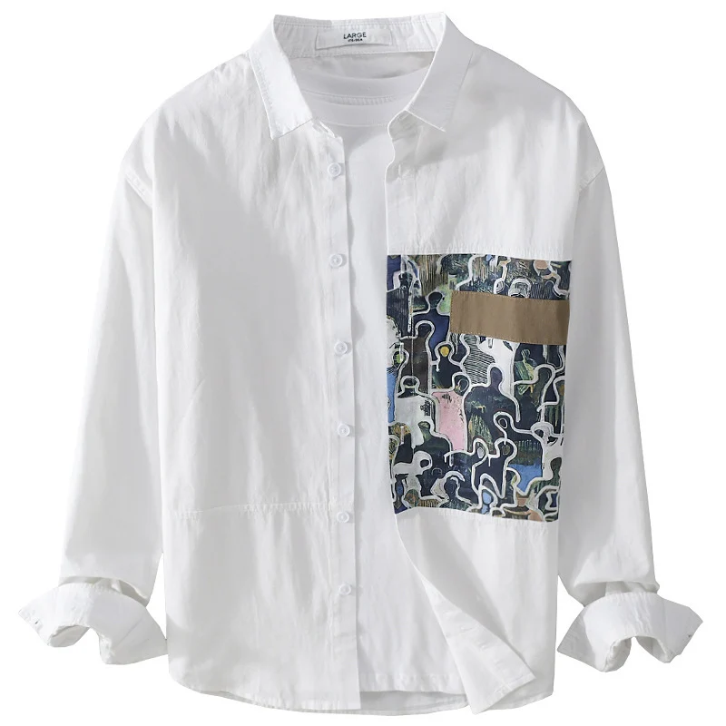 Herren Baumwollhemd mit großem Kunst-Print-Brustpatch und Kentkragen Nord Taschen