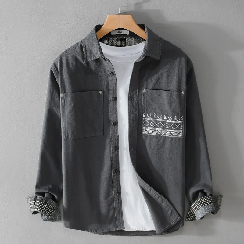 Herren Baumwoll-Overshirt mit Kontrastfutter, Brusttaschen und feiner Stickerei Nord Taschen