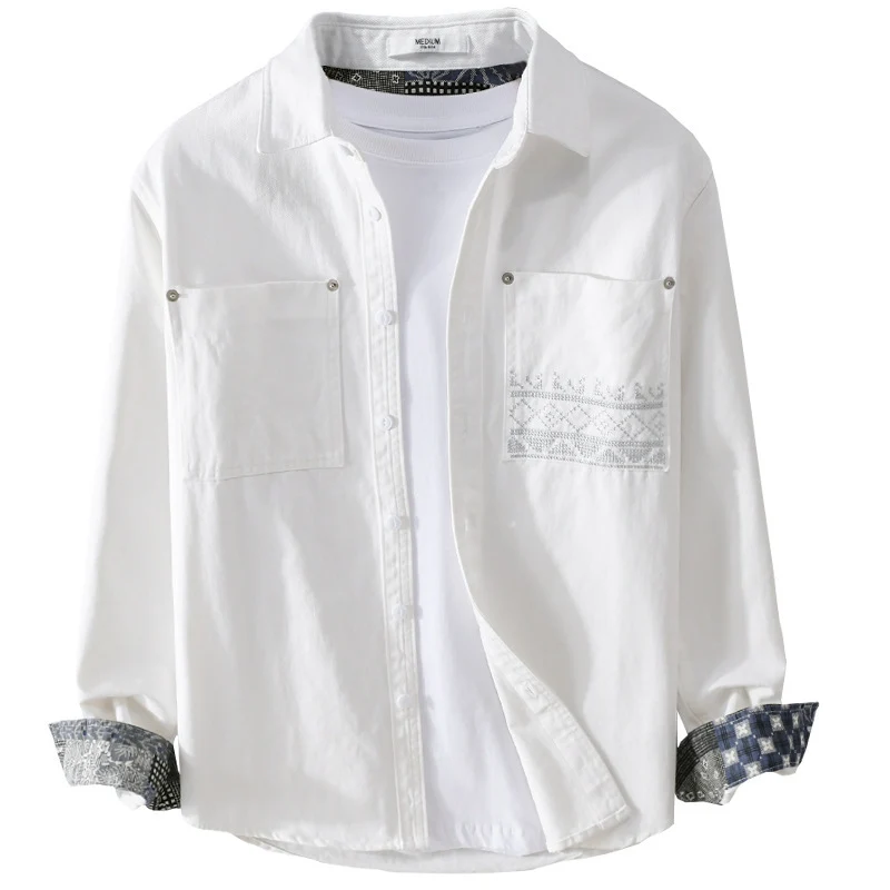 Herren Baumwoll-Overshirt mit Kontrastfutter, Brusttaschen und feiner Stickerei Nord Taschen