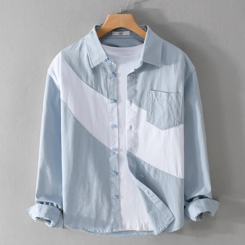 Herren Baumwoll-Overshirt mit diagonalem Colorblock, Kentkragen und Brusttasche Nord Taschen