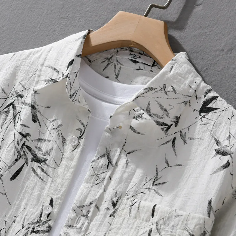 Herren Atmungsaktives Leinen-Baumwoll Hemd mit botanischem Tuschprint und Kentkragen Nord Taschen
