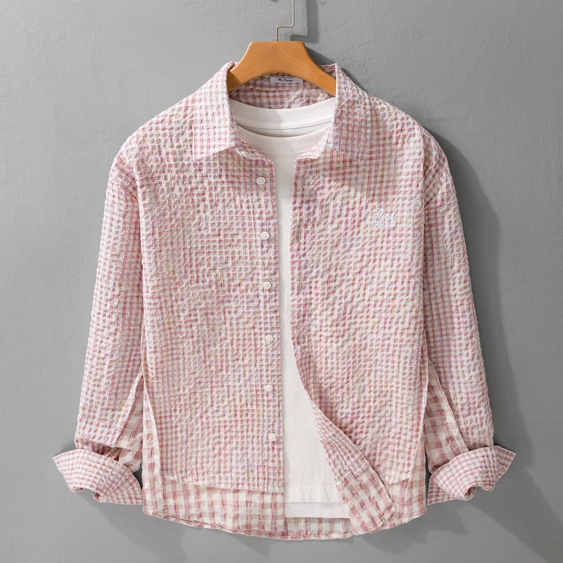 Damen Relaxed-Fit Crinkle-Hemdjacke mit feiner Gingham‑Webstruktur und dezenter Bruststickerei Nord Taschen