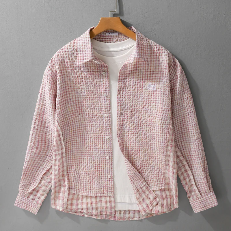 Damen Relaxed-Fit Crinkle-Hemdjacke mit feiner Gingham‑Webstruktur und dezenter Bruststickerei Nord Taschen