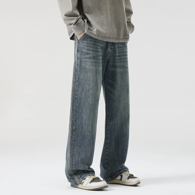 Herren Weite Vintage-Denimjeans mit Used-Waschung und geradem Bein Nord Taschen