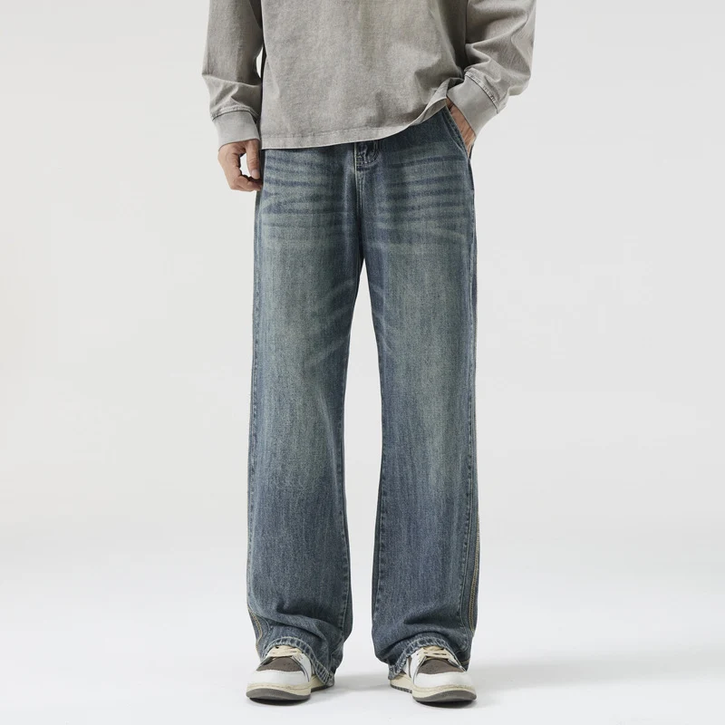 Herren Weite Vintage-Denimjeans mit Used-Waschung und geradem Bein Nord Taschen