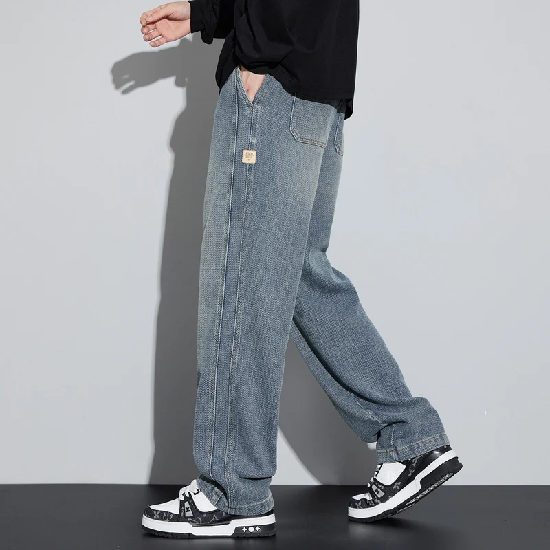 Herren Weite Denim-Jogginghose mit geflochtenem Kordelzug und Fischgrätstruktur Nord Taschen
