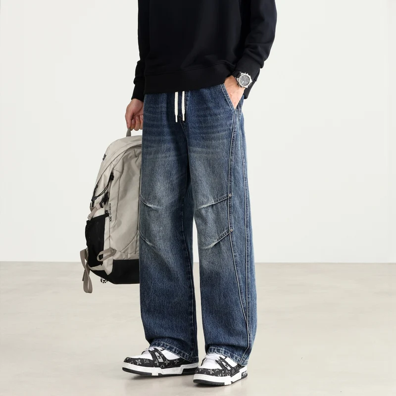 Herren Weite Denim-Hose mit Tunnelzugbund, Paneelnähten und Used-Waschung Nord Taschen