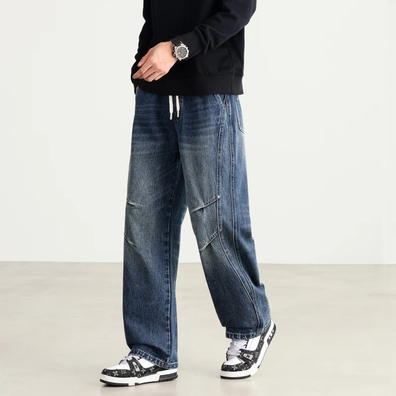 Herren Weite Denim-Hose mit Tunnelzugbund, Paneelnähten und Used-Waschung Nord Taschen
