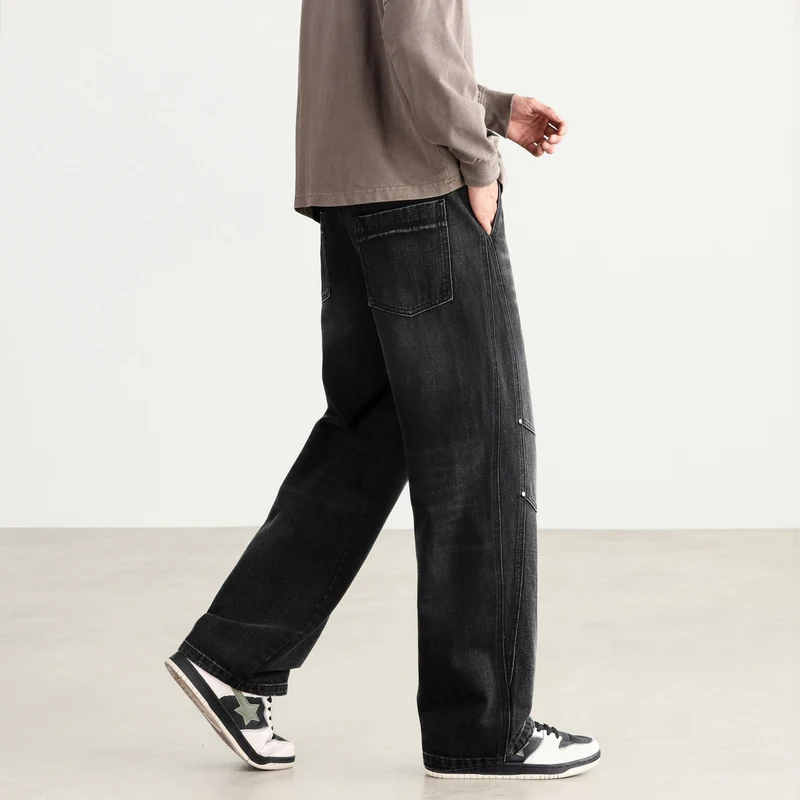 Herren Weite Denim-Hose mit Tunnelzugbund, Paneelnähten und Used-Waschung Nord Taschen