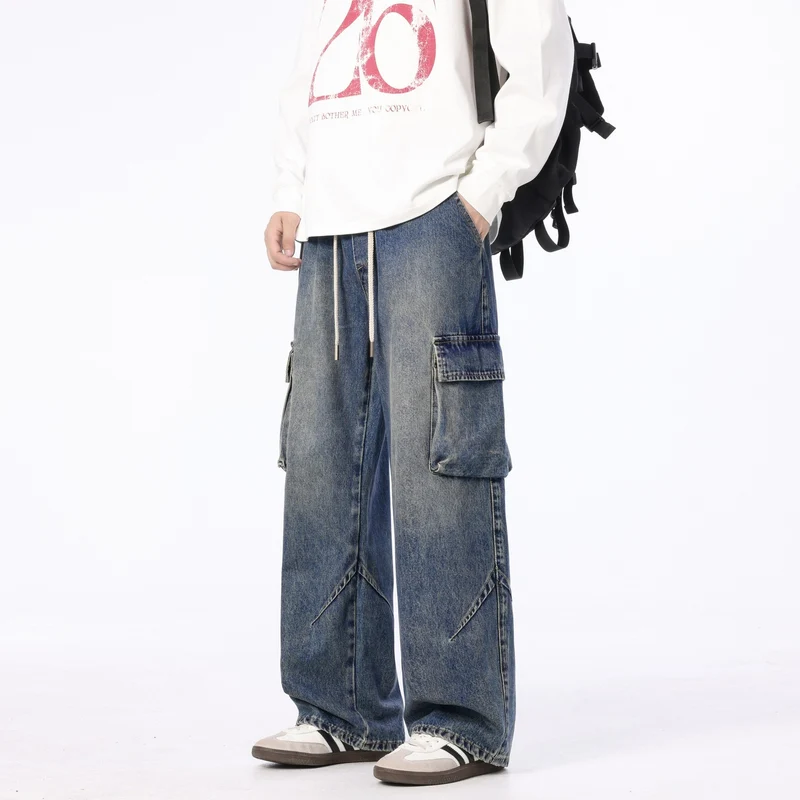 Herren Weite Cargo-Denimhose mit Tunnelzug, Used‑Waschung und Oversize‑Passform Nord Taschen