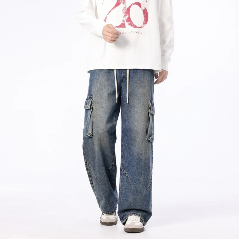 Herren Weite Cargo-Denimhose mit Tunnelzug, Used‑Waschung und Oversize‑Passform Nord Taschen