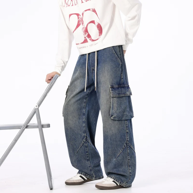 Herren Weite Cargo-Denimhose mit Tunnelzug, Used‑Waschung und Oversize‑Passform Nord Taschen