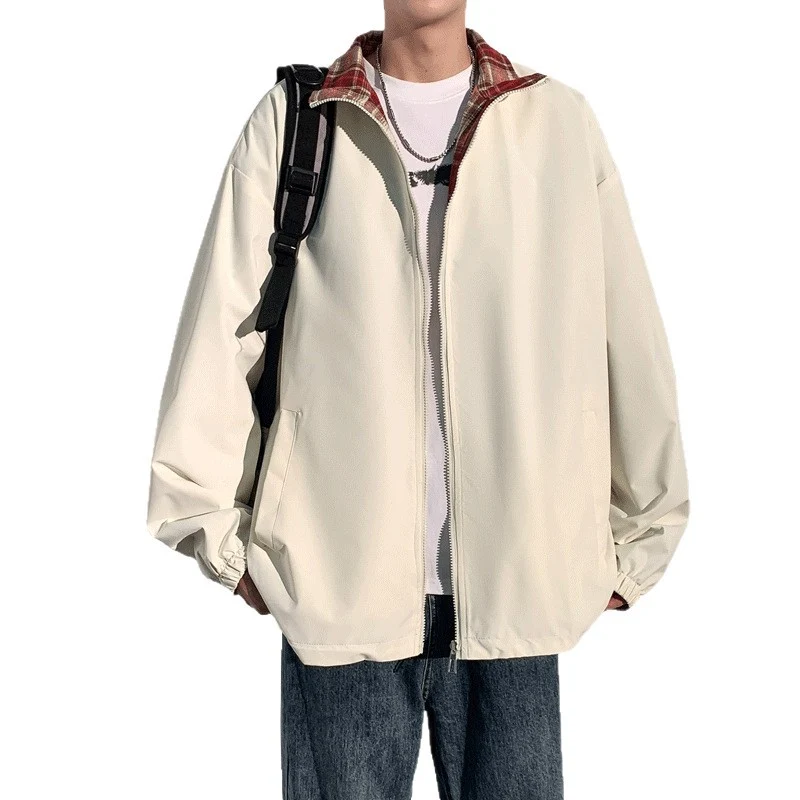 Herren Oversize‑Utility Übergangsjacke mit Reißverschluss und kontrastierendem Karo‑Innenkragen Nord Taschen