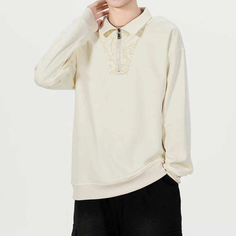 Herren Lockeres Sweatshirt mit Polokragen, halbem Reißverschluss und Paisley-Besatz Nord Taschen
