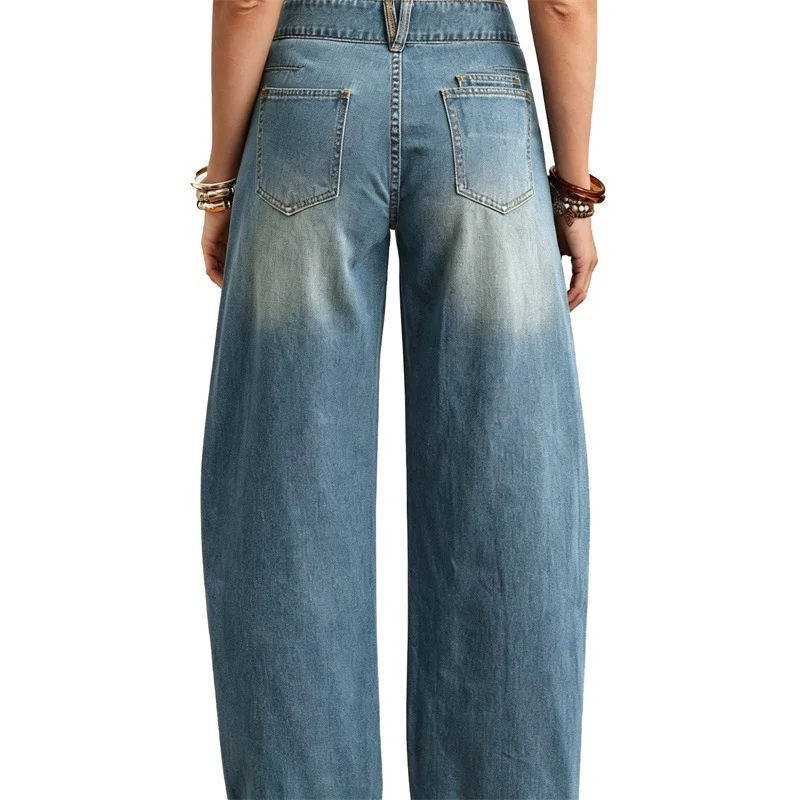 Damen Weite hochgeschnittene Jeans mit geschwungenen Nahtdetails und aufgesetzten Taschen Nord Taschen