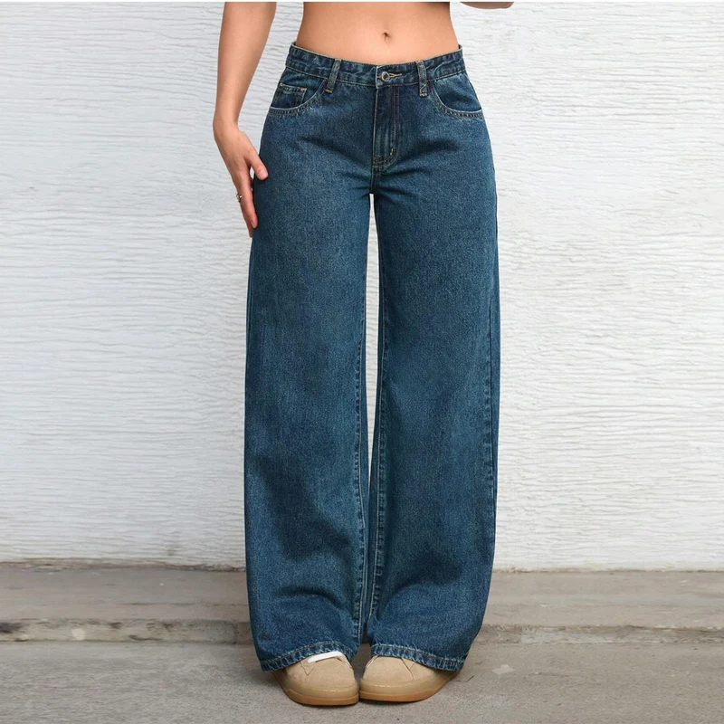 Damen Hochtaillierte weite Vintage-Denim Hose Nord Taschen