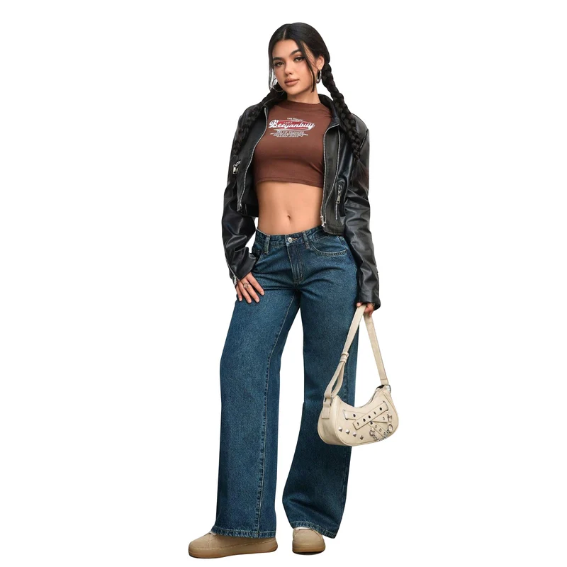 Damen Hochtaillierte weite Vintage-Denim Hose Nord Taschen