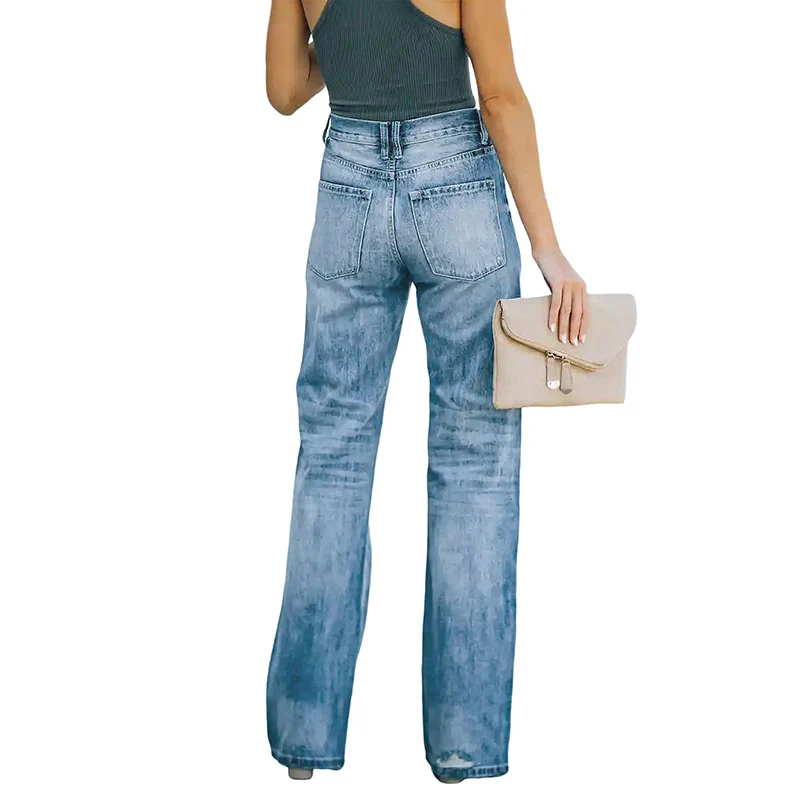 Damen Hochtaillierte weite Straight-Leg-Jeans mit Destroyed-Details Nord Taschen