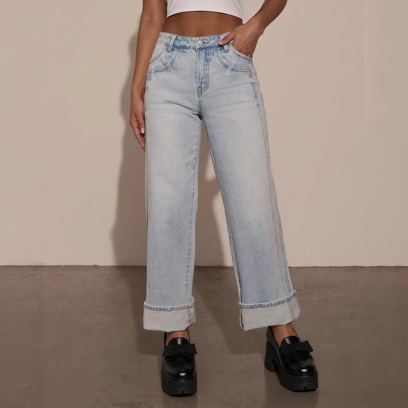 Damen Hochtaillierte weite Jeans mit extra breitem Umschlag Nord Taschen