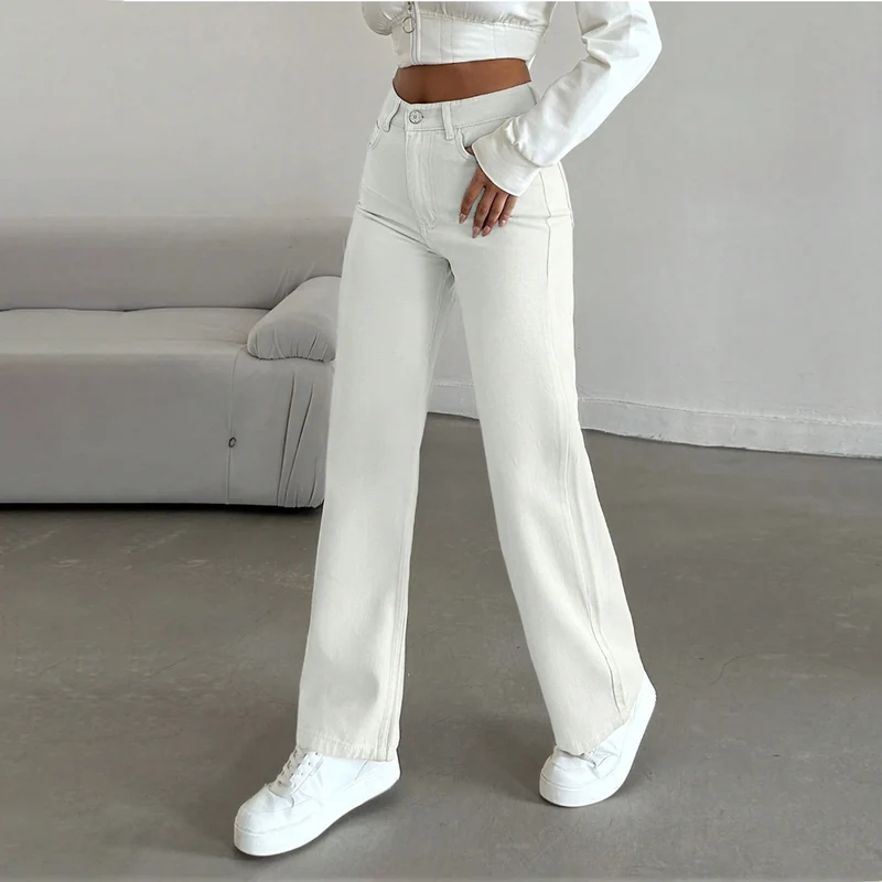 Damen Hochtaillierte weite Fünf-Taschen-Hose aus elastischem Denim mit ausgestelltem Bein Nord Taschen