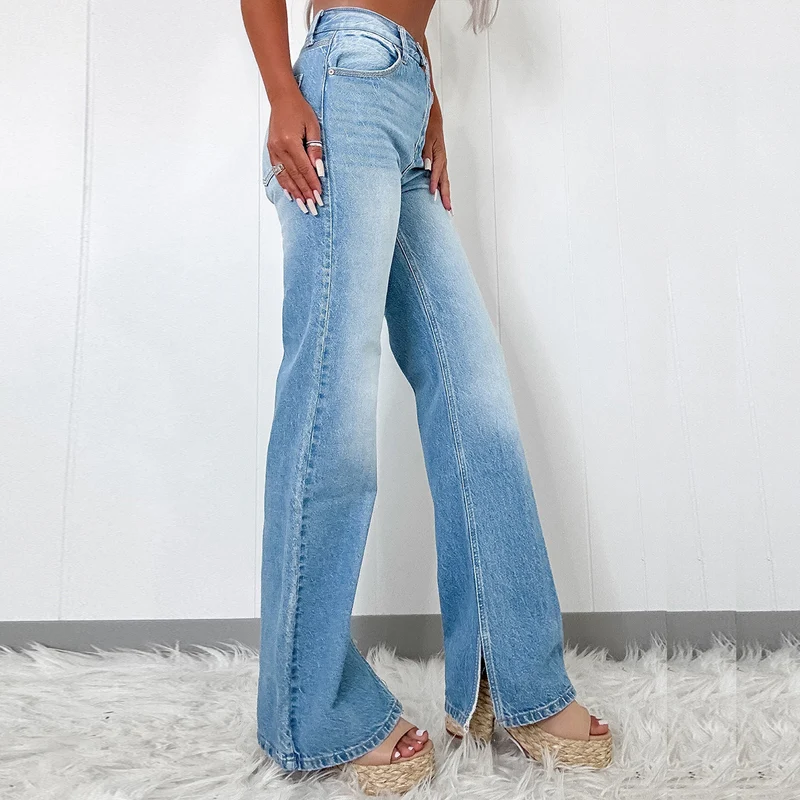 Damen hochtaillierte Schlaghose aus Denim mit Frontschlitz und weitem Bein Nord Taschen
