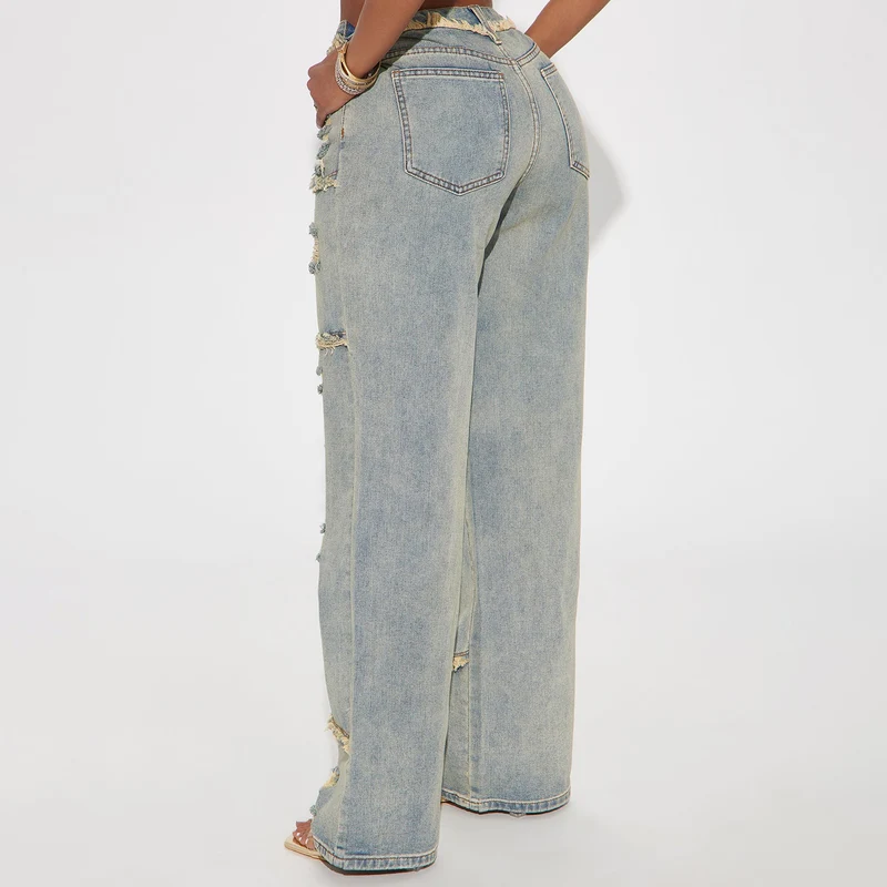 Damen Hochtaillierte Oversize-Jeans mit weitem Bein und ausgefransten Rissen Nord Taschen