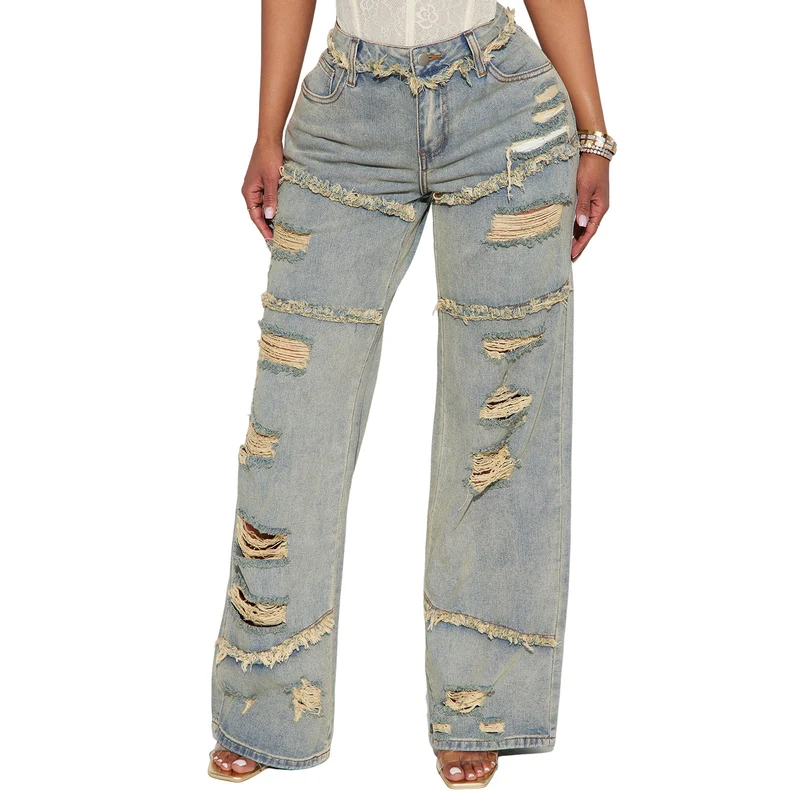 Damen Hochtaillierte Oversize-Jeans mit weitem Bein und ausgefransten Rissen Nord Taschen