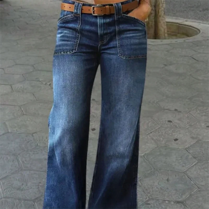 Damen Hochtaillierte Denim-Jeans mit weitem Schlagbein und aufgesetzten Vordertaschen Nord Taschen
