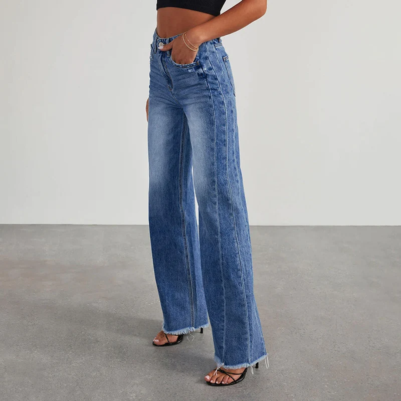 Damen High-Waist Schlagjeans mit weitem Bein und ausgefranstem Saum Nord Taschen