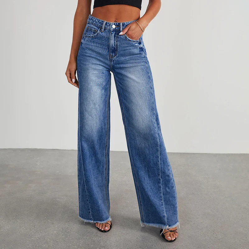 Damen High-Waist Schlagjeans mit weitem Bein und ausgefranstem Saum Nord Taschen