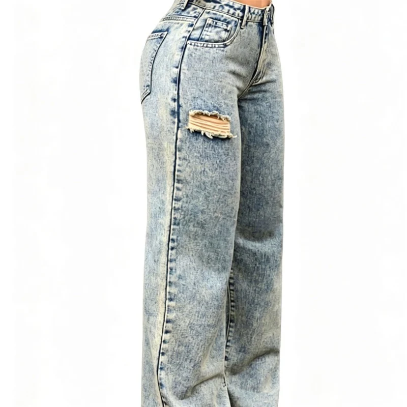 Damen High-Waist Relaxed-Jeans mit Steinwasch-Effekt und seitlichem aufgerissenem Einsatz Nord Taschen