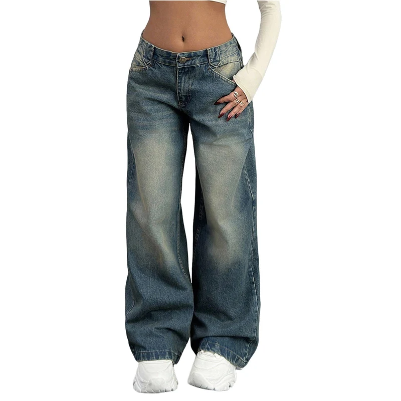 Damen Baggy-Jeans mit weitem Bein und Vintage-Waschung Nord Taschen