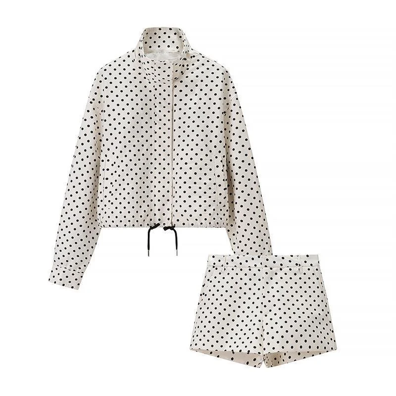 Damen Zweiteiliges Gepunktetes Blazer- und Shorts-Set mit Volumenärmeln und hoher Taille Nord Taschen