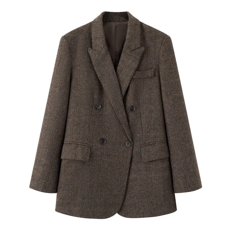 Damen Zweireihiger Wollmix-Blazer im Fischgrätmuster mit Pattentaschen Nord Taschen