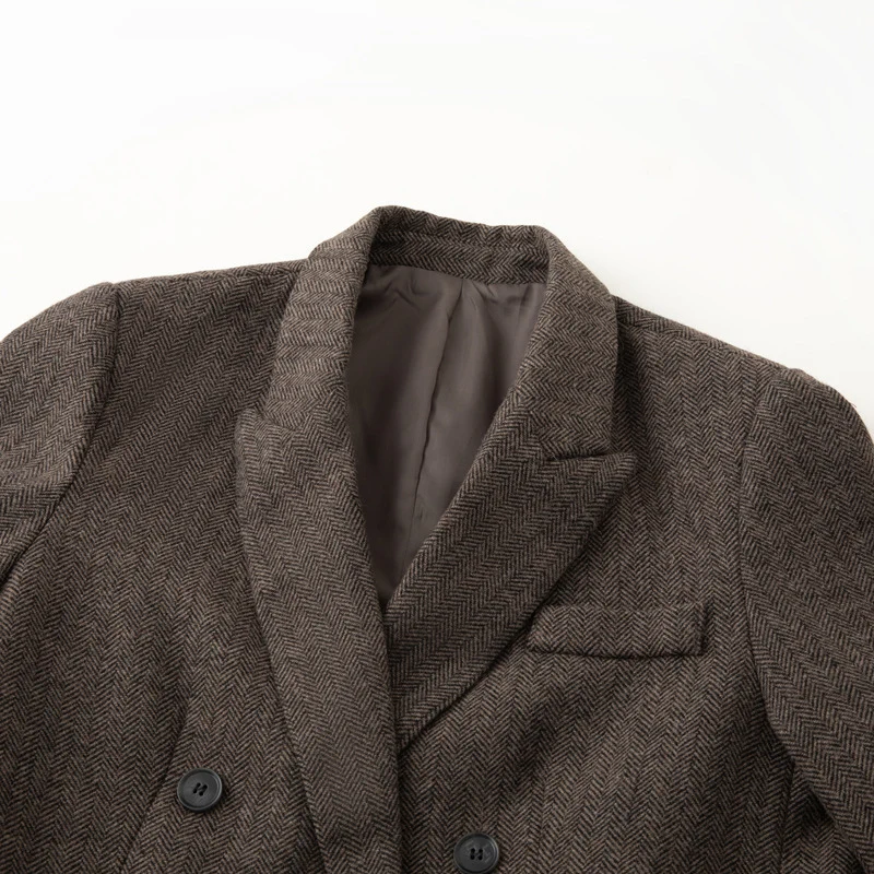 Damen Zweireihiger Wollmix-Blazer im Fischgrätmuster mit Pattentaschen Nord Taschen