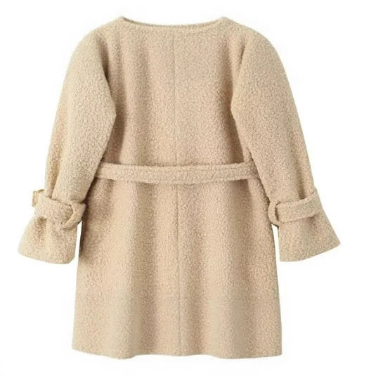 Damen Zweireihiger Teddy‑Mantel mit Bindegürtel und Schnallenärmeln Nord Taschen