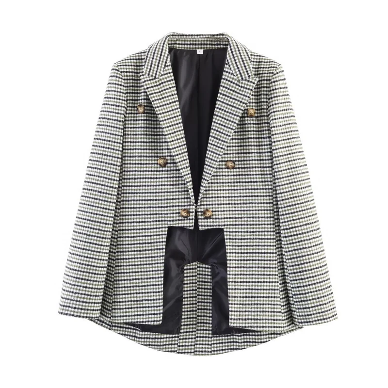 Damen Zweireihiger Hahnentritt-Blazer mit Schwalbenschwanz-Saum und Reverskragen Nord Taschen