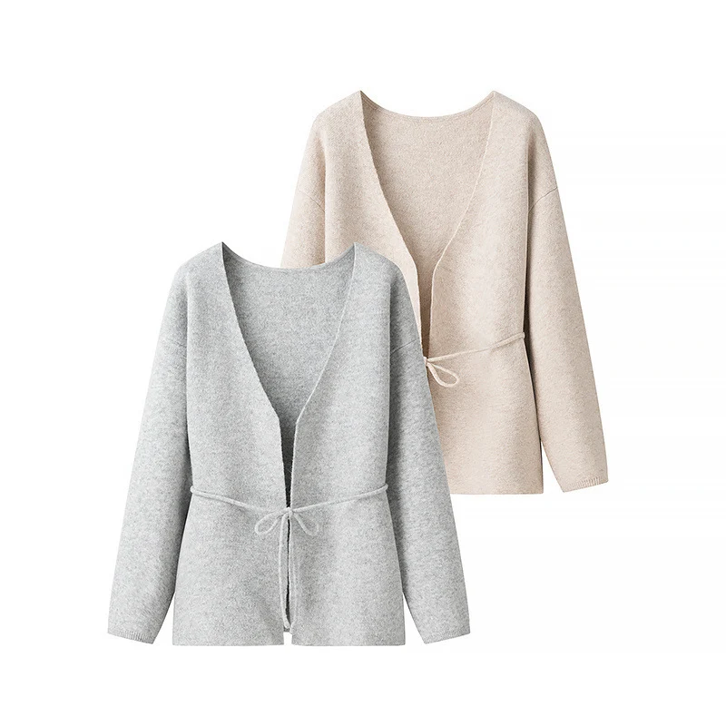 Damen Wickel-Cardigan aus grob gestricktem Wollmix mit V‑Ausschnitt und Ballonärmeln Nord Taschen