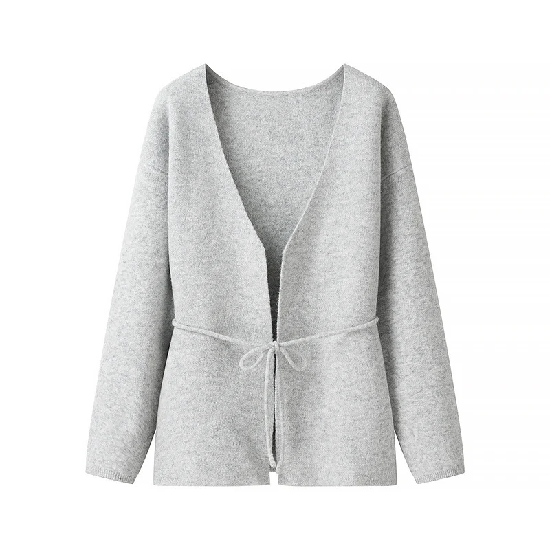 Damen Wickel-Cardigan aus grob gestricktem Wollmix mit V‑Ausschnitt und Ballonärmeln Nord Taschen