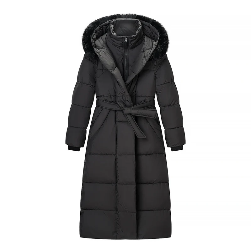 Damen Wattierter Longline-Mantel mit Kapuze und Taillengürtel Nord Taschen