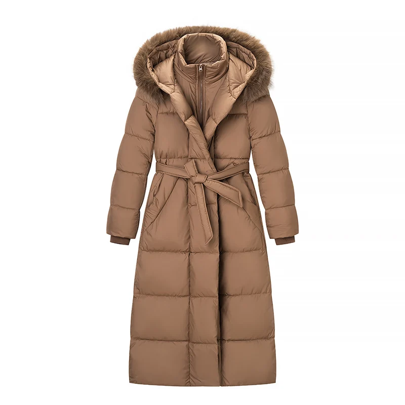 Damen Wattierter Longline-Mantel mit Kapuze und Taillengürtel Nord Taschen