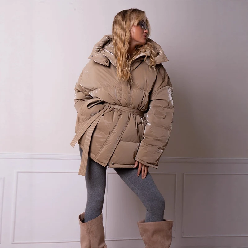 Damen wattierte Kapuzen-Steppjacke mit Taillengürtel Nord Taschen