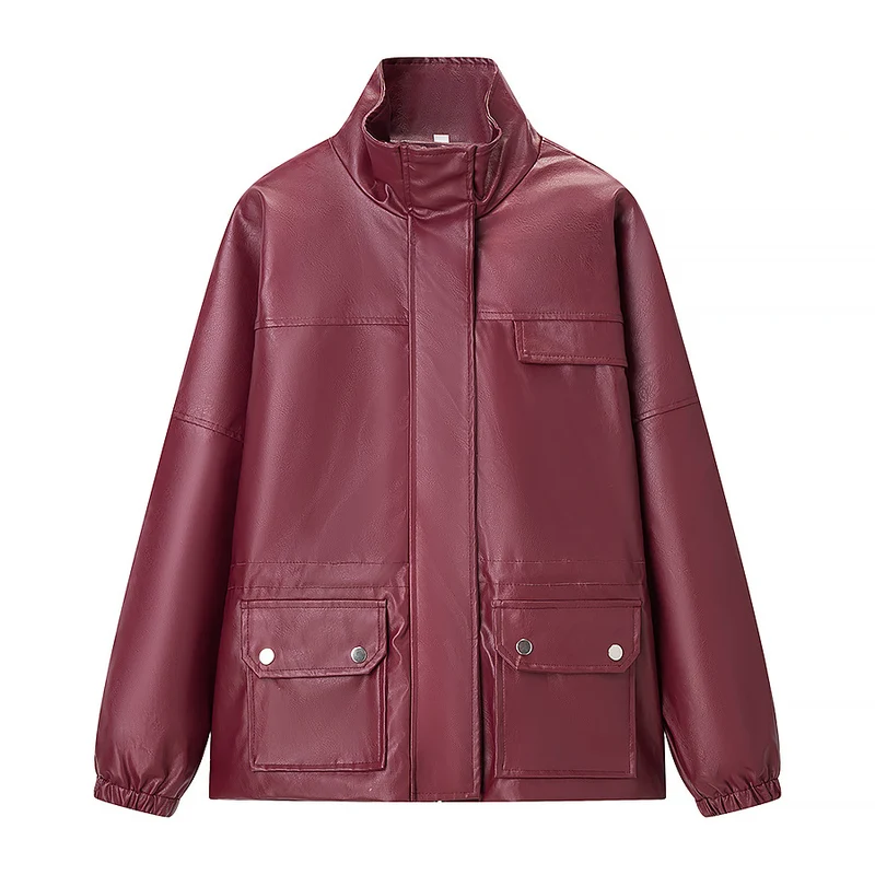 Damen Wasserabweisende Kunstleder-Utility-Jacke mit Stehkragen und aufgesetzten Pattentaschen Nord Taschen