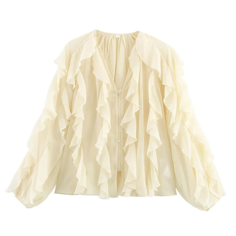 Damen Volant‑Chiffonbluse mit Lagen‑Rüschen und weiten Ballonärmeln Nord Taschen