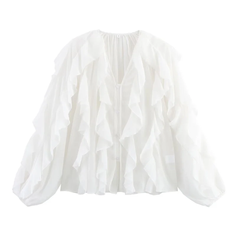 Damen Volant‑Chiffonbluse mit Lagen‑Rüschen und weiten Ballonärmeln Nord Taschen