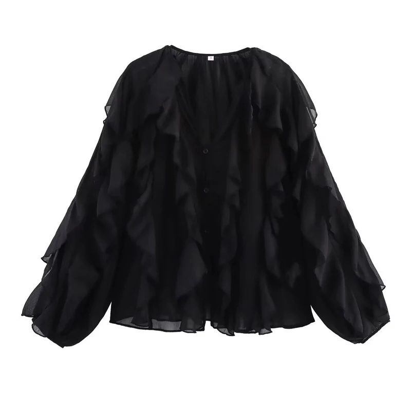 Damen Volant‑Chiffonbluse mit Lagen‑Rüschen und weiten Ballonärmeln Nord Taschen