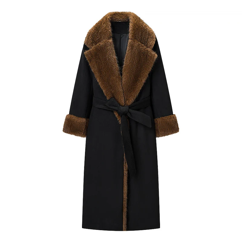 Damen Taillierter Maxi-Mantel mit Kunstfell-Schalkragen und Bindegürtel Nord Taschen