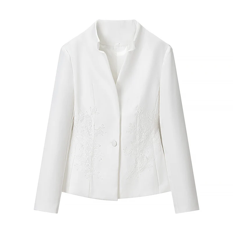 Damen Taillierter Einreihiger Blazer mit Stehkragen und tiefem V‑Ausschnitt Nord Taschen